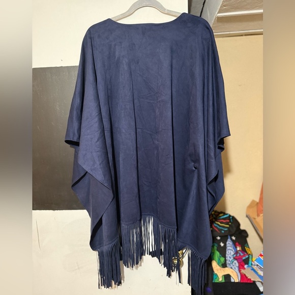 White House Black Market One Size Women Poncho Navy Blue Fringe Casual Boho - Picture 7 of 7